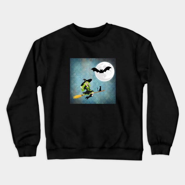 Green Haired Witch Flying on Broom With Cat Crewneck Sweatshirt by TNMGRAPHICS